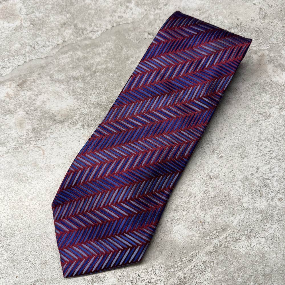 XMI Platinum Necktie Mens OS Red Blue Geometric Herringbone Silk Hand Made USA